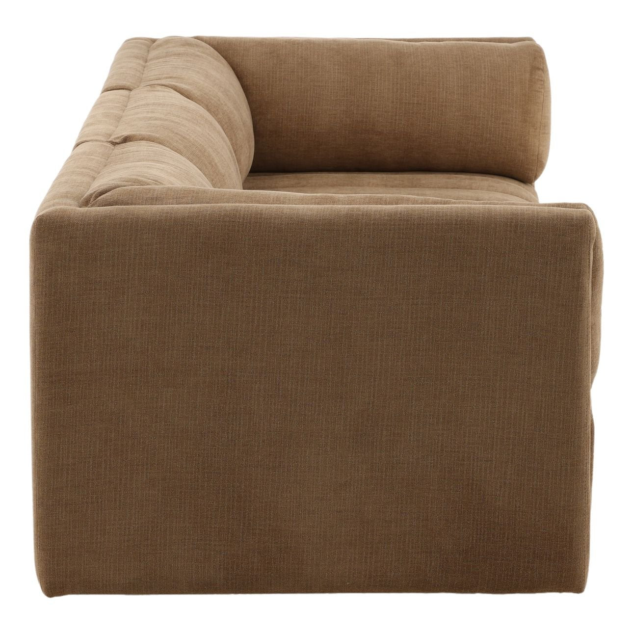 Modern armless accent chair in brown textured upholstery with rounded backrest, minimalist lounge chair front view