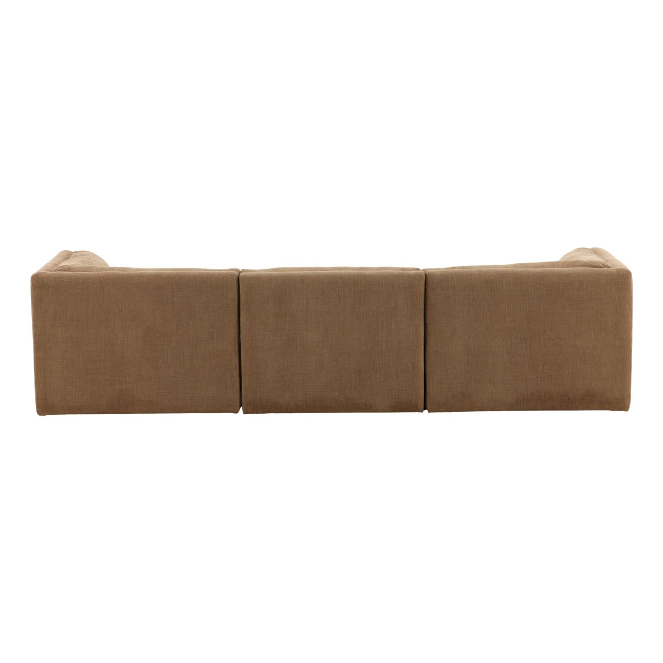 Back view of brown modular sofa with three-panel design and clean straight silhouette, isolated on white background