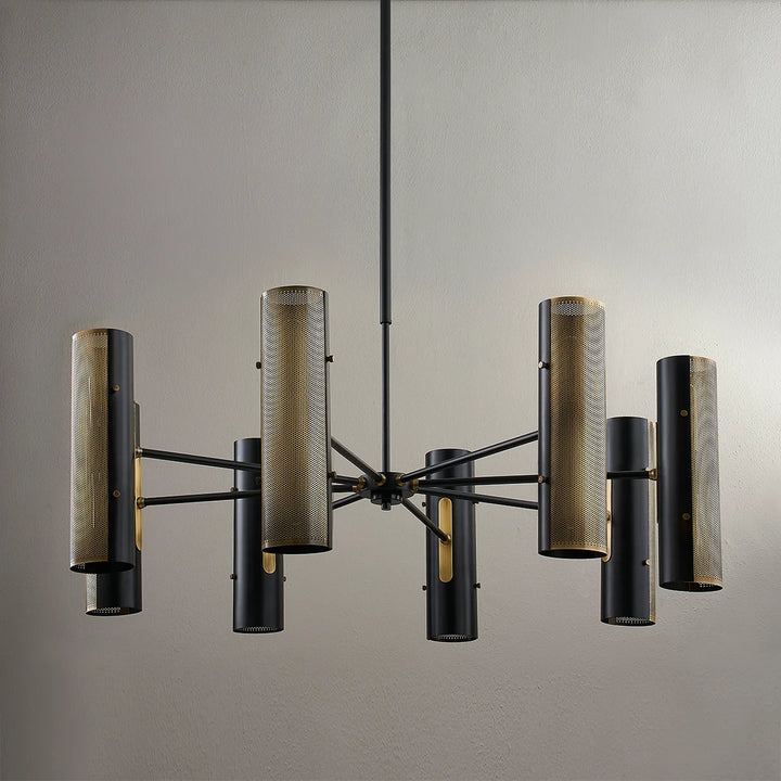 Modern black and brass chandelier with cylinder shades, mid century style ceiling light fixture