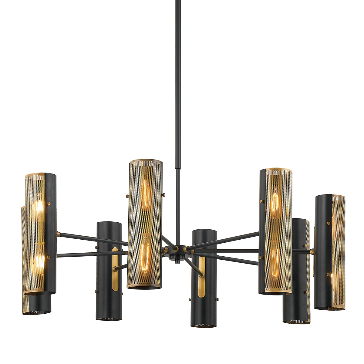 A modern Mikka chandelier with a two-tone design, featuring cylindrical shades with perforated Patina Brass in the front and solid Soft Black in the back, hanging against a white background.