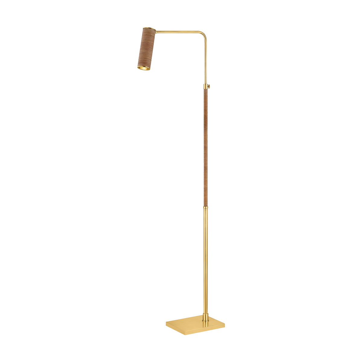 Adjustable brass floor lamp with angled arm, cylindrical wrapped shade, and square base on transparent background