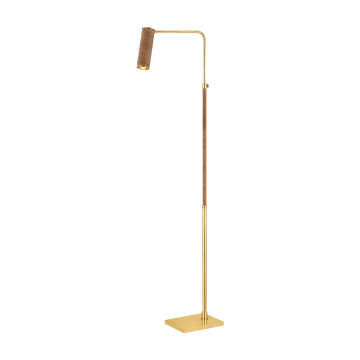 Adjustable brass floor lamp with angled arm, cylindrical wrapped shade, and square base on transparent background