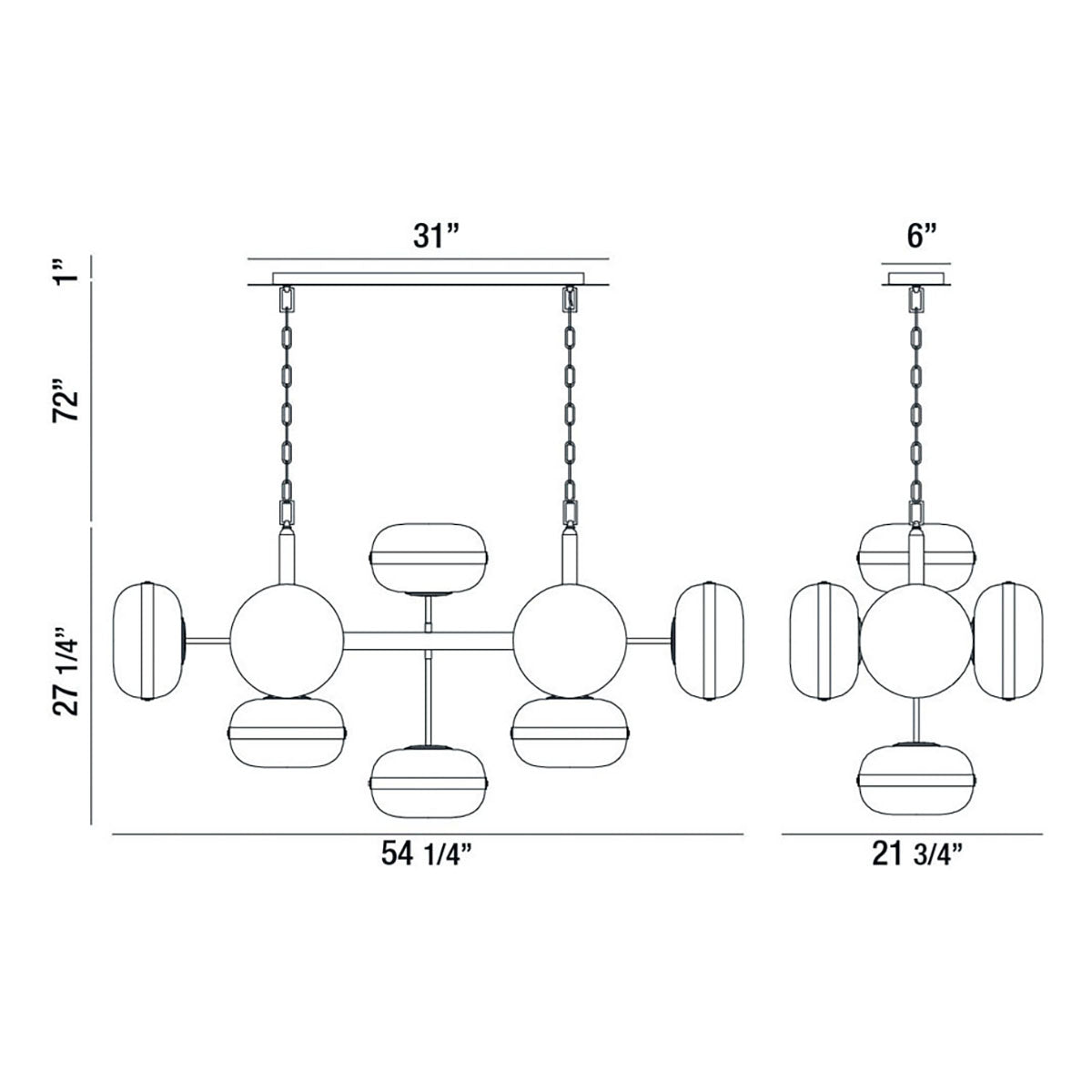 Modern chandelier dimensions diagram showing 54.25-inch width, 27.25-inch height, 31-inch canopy, and 21.75-inch depth schematic
