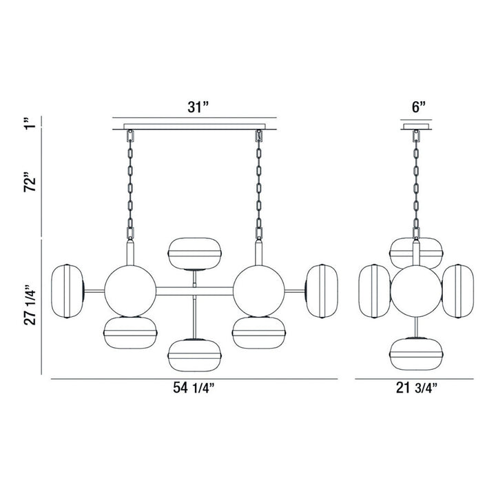 Modern chandelier dimensions diagram showing 54.25-inch width, 27.25-inch height, 31-inch canopy, and 21.75-inch depth schematic
