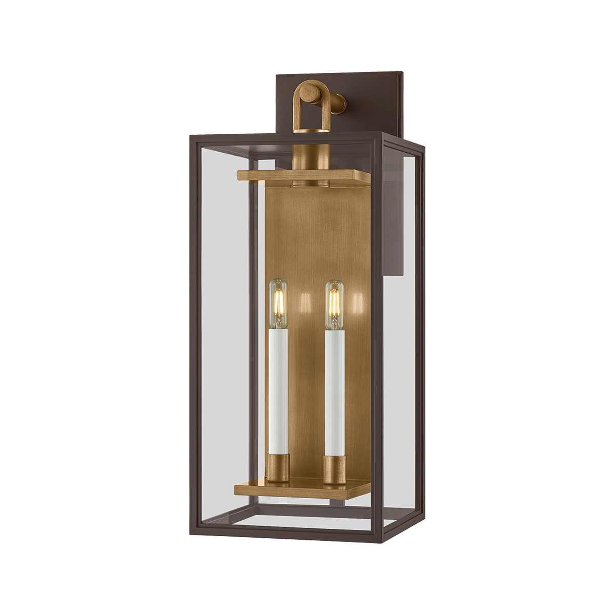 Modern outdoor wall lantern sconce with dark bronze rectangular frame, clear glass panels, and brass backplate with two candle-style lights