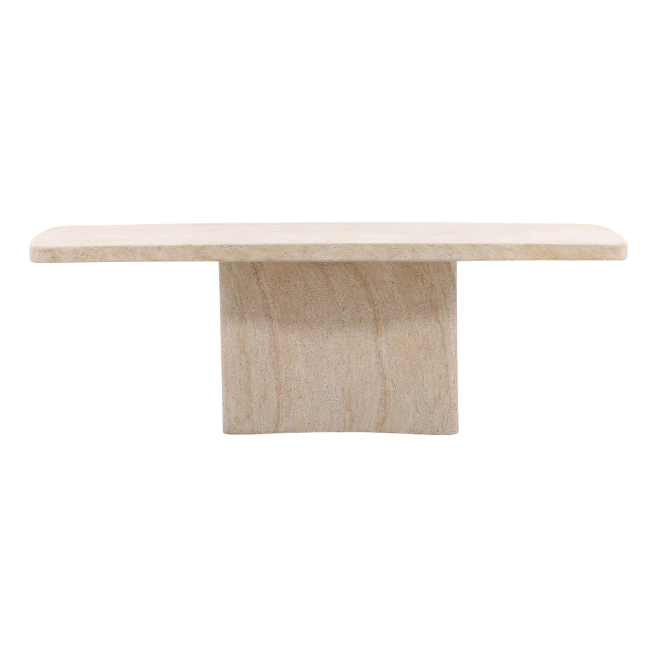Travertine stone console table with thick rectangular top and curved pedestal base, minimalist entryway table isolated on white background