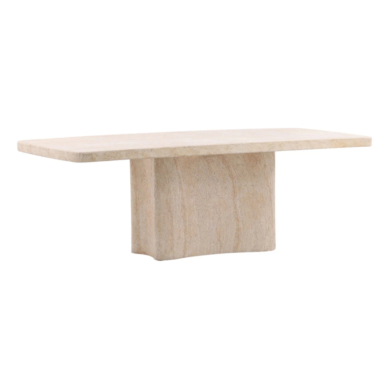 Rectangular travertine stone coffee table with thick slab top and block pedestal base