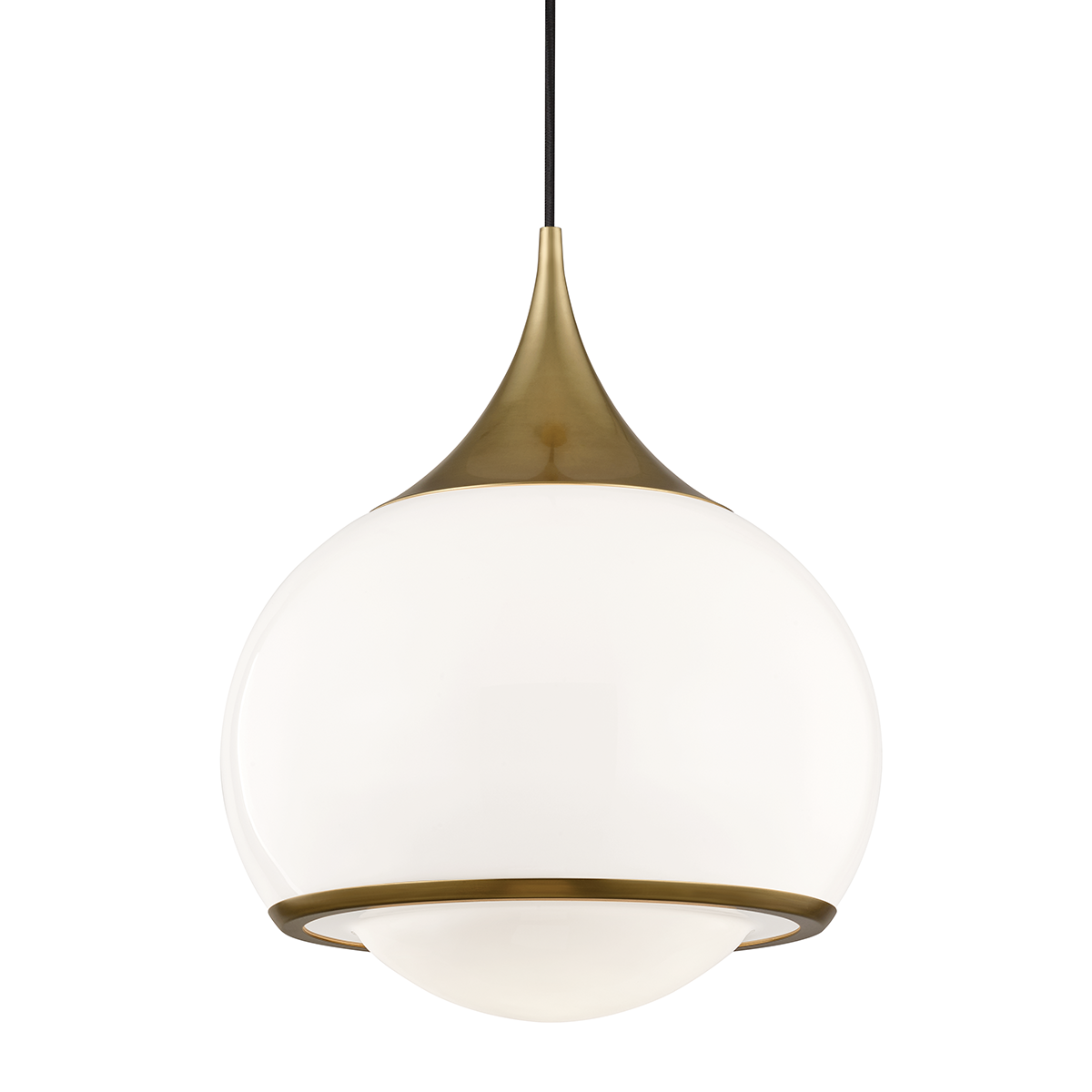 Brass pendant light with opal glass globe shade and white diffuser, modern hanging ceiling lamp isolated on transparent background