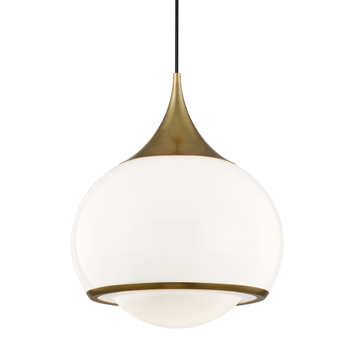 Brass pendant light with opal glass globe shade and white diffuser, modern hanging ceiling lamp isolated on transparent background