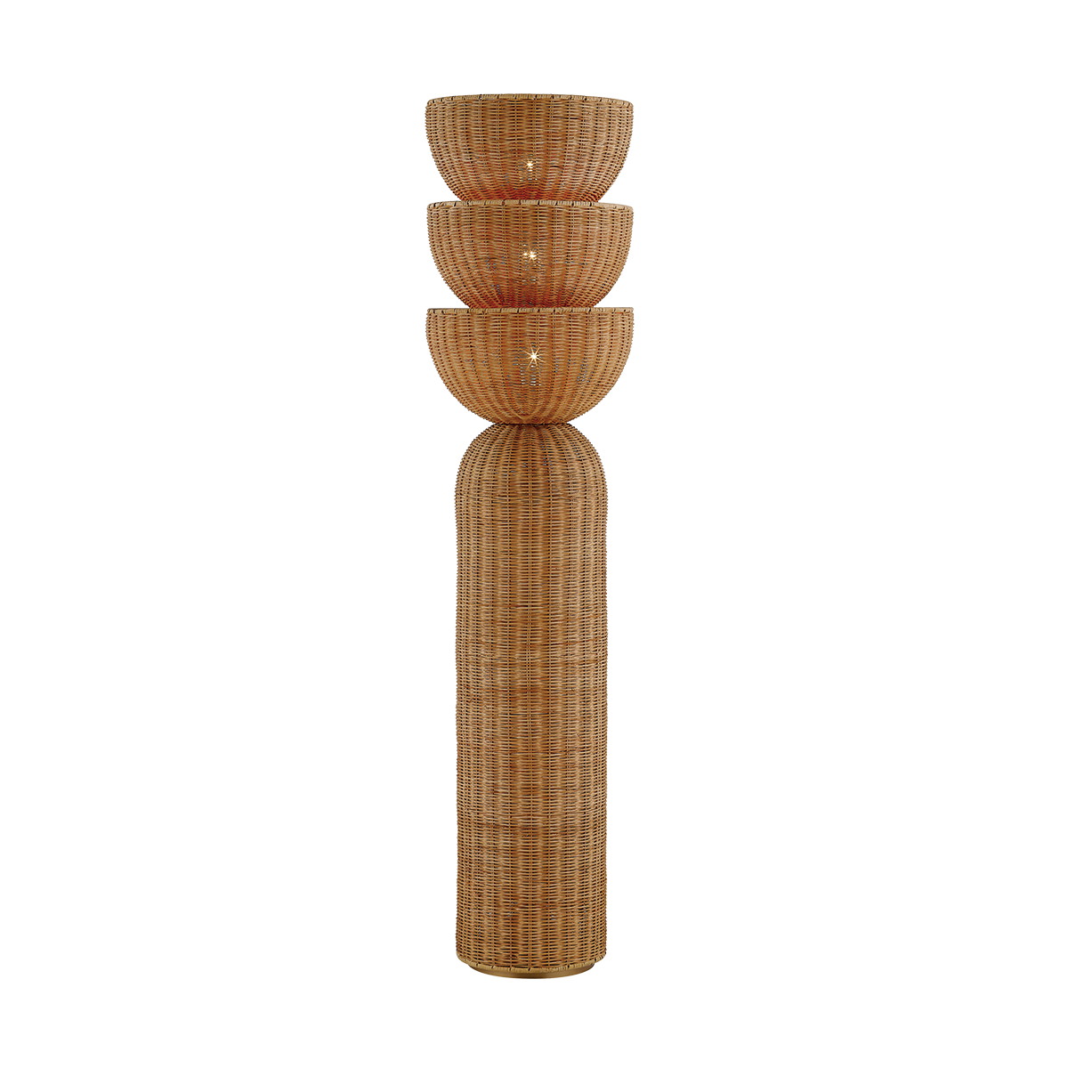 Handwoven rattan wall sconce with three stacked basket shades and tall cylindrical backplate, isolated on transparent background