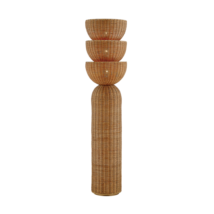 Handwoven rattan wall sconce with three stacked basket shades and tall cylindrical backplate, isolated on transparent background