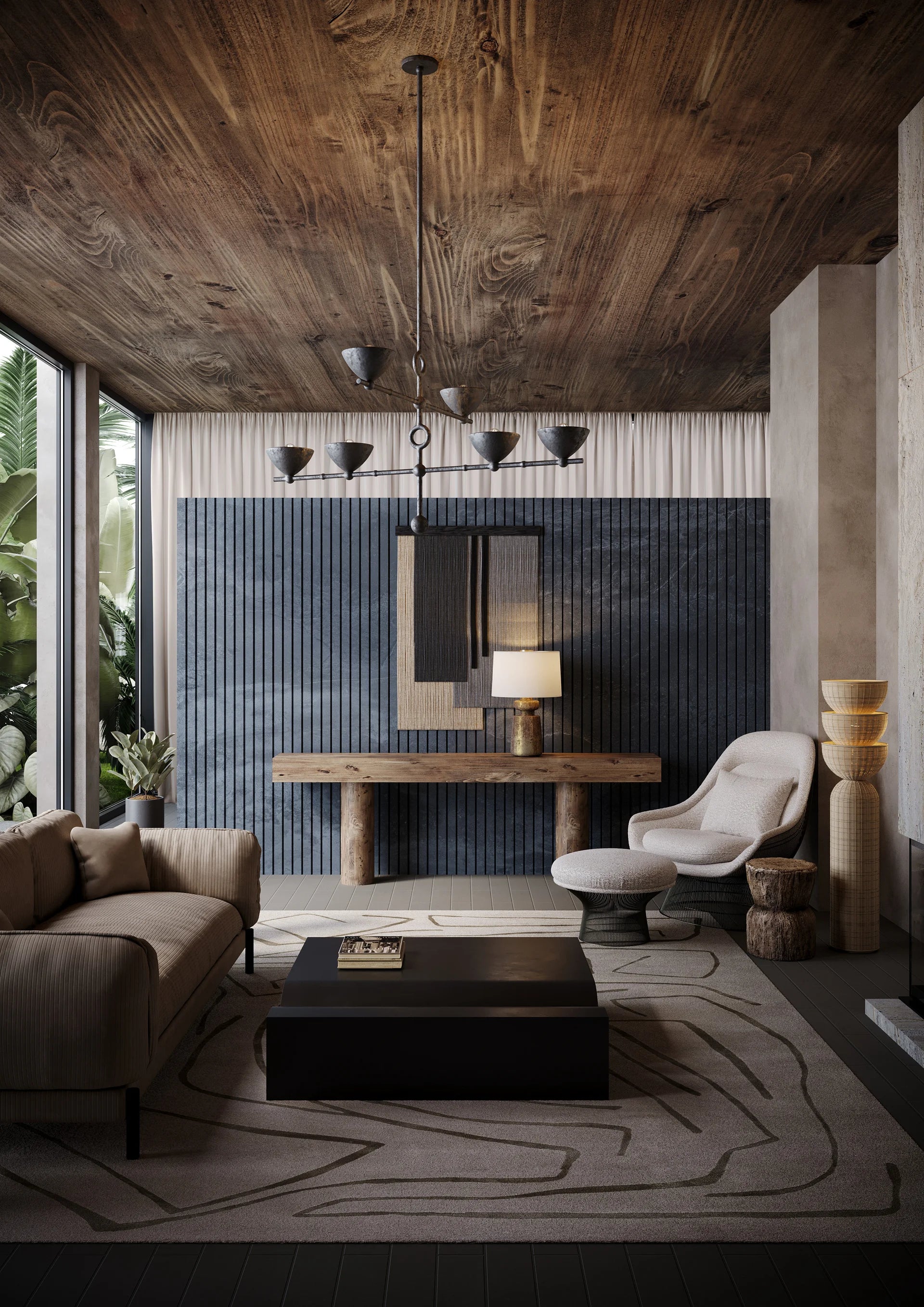 Modern rustic living room with wood ceiling, pendant lights, textured wall paneling, and neutral furniture