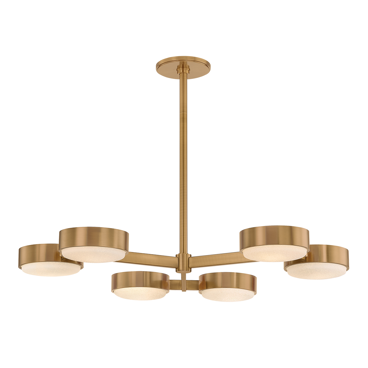 A contemporary gold chandelier with cloud glass shades arranged in a cluster, suspended from the ceiling by a central circular fixture.