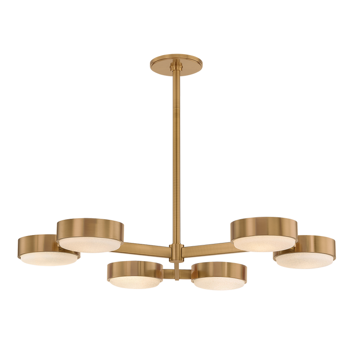 A contemporary gold chandelier with cloud glass shades arranged in a cluster, suspended from the ceiling by a central circular fixture.