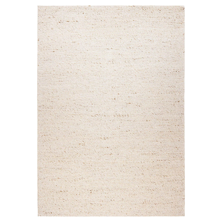 Full view of a natural jute flatweave area rug in light beige, minimalist textured rug for living room or bedroom