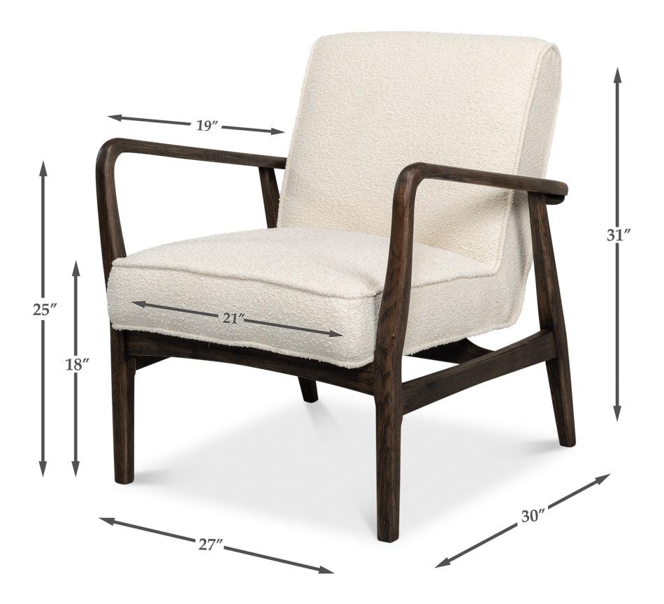 Mid century accent chair with dark wood frame and cream upholstery, dimensions shown