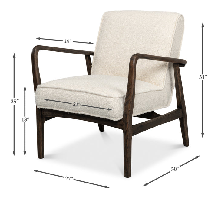 Mid century accent chair with dark wood frame and cream upholstery, dimensions shown