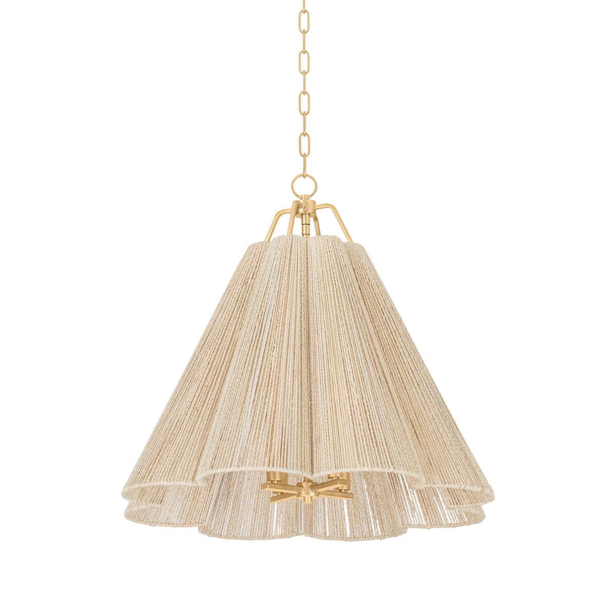 Layered natural woven pendant light with brass chain and canopy, pleated fabric shade, isolated on transparent background