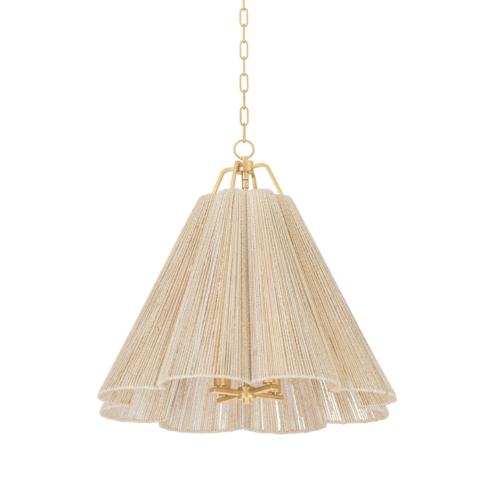 Layered natural woven pendant light with brass chain and canopy, pleated fabric shade, isolated on transparent background