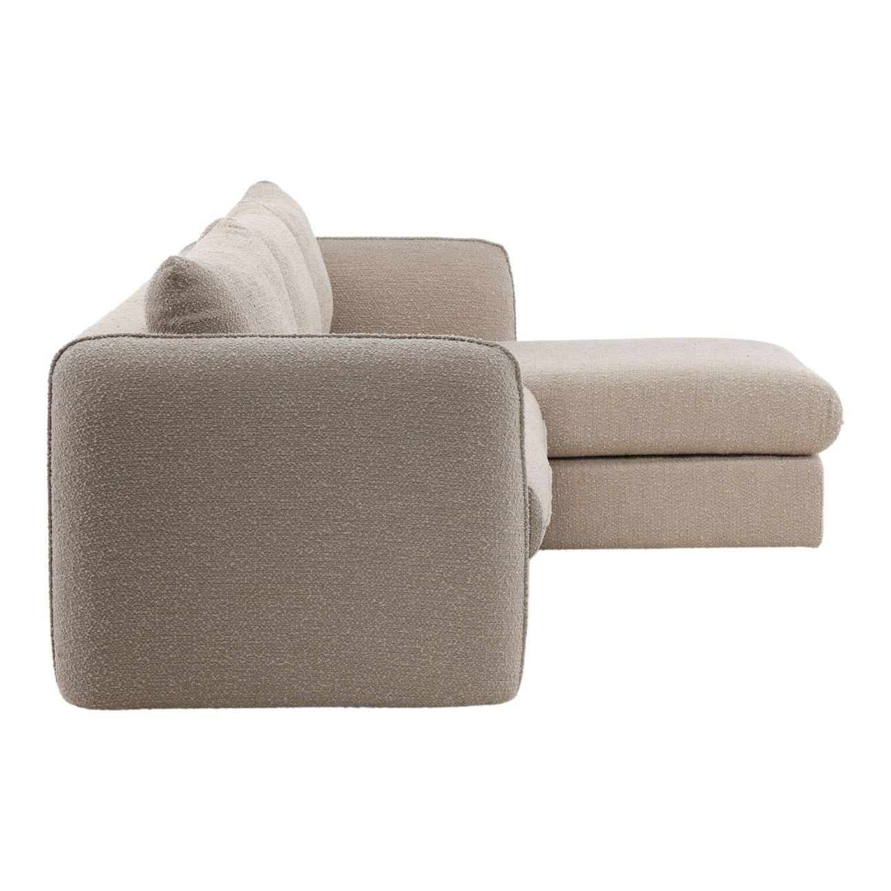 Modern sectional sofa with chaise in light taupe textured upholstery, minimalist low profile couch side view