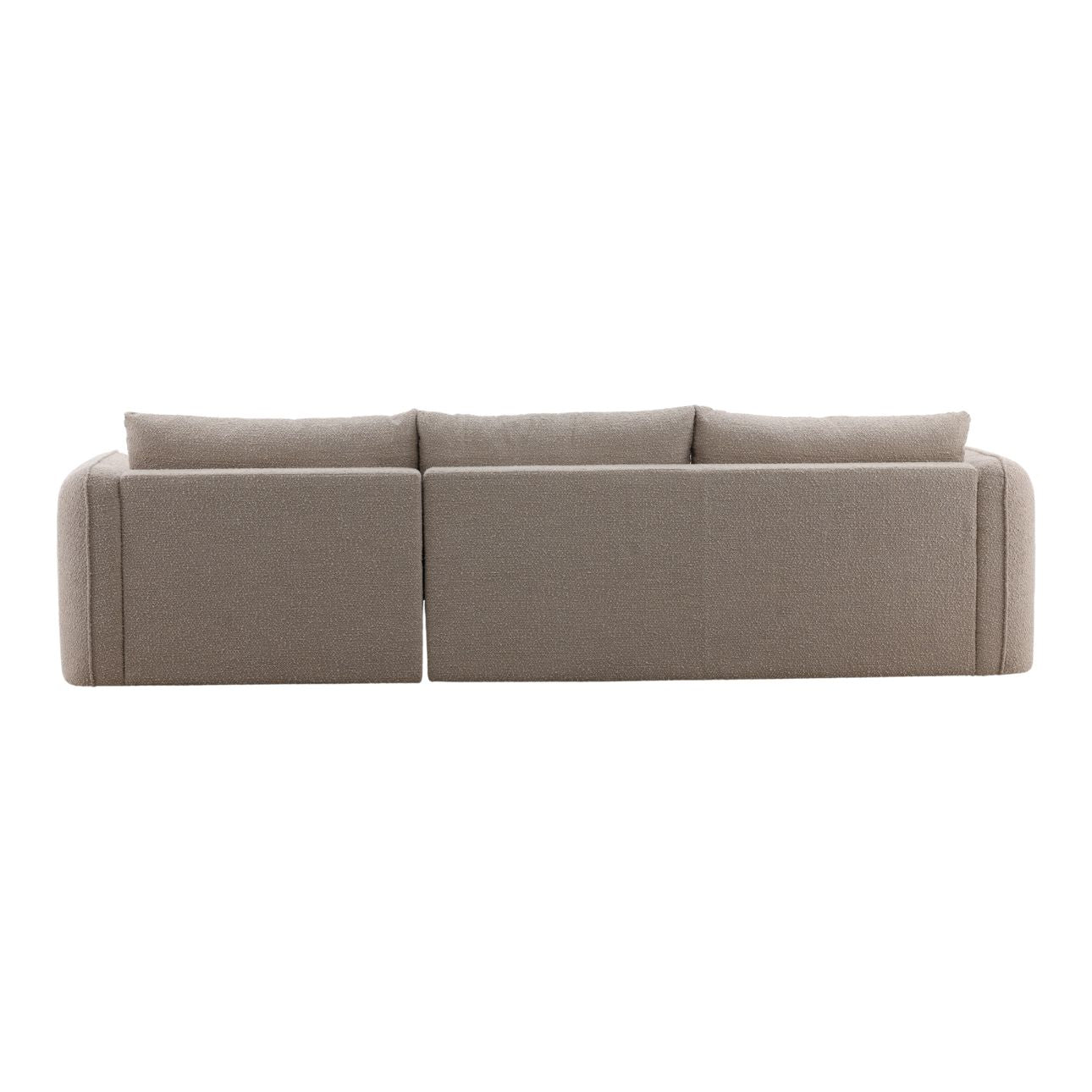 Back view of beige sectional sofa with clean modern lines and textured upholstery, isolated on white background