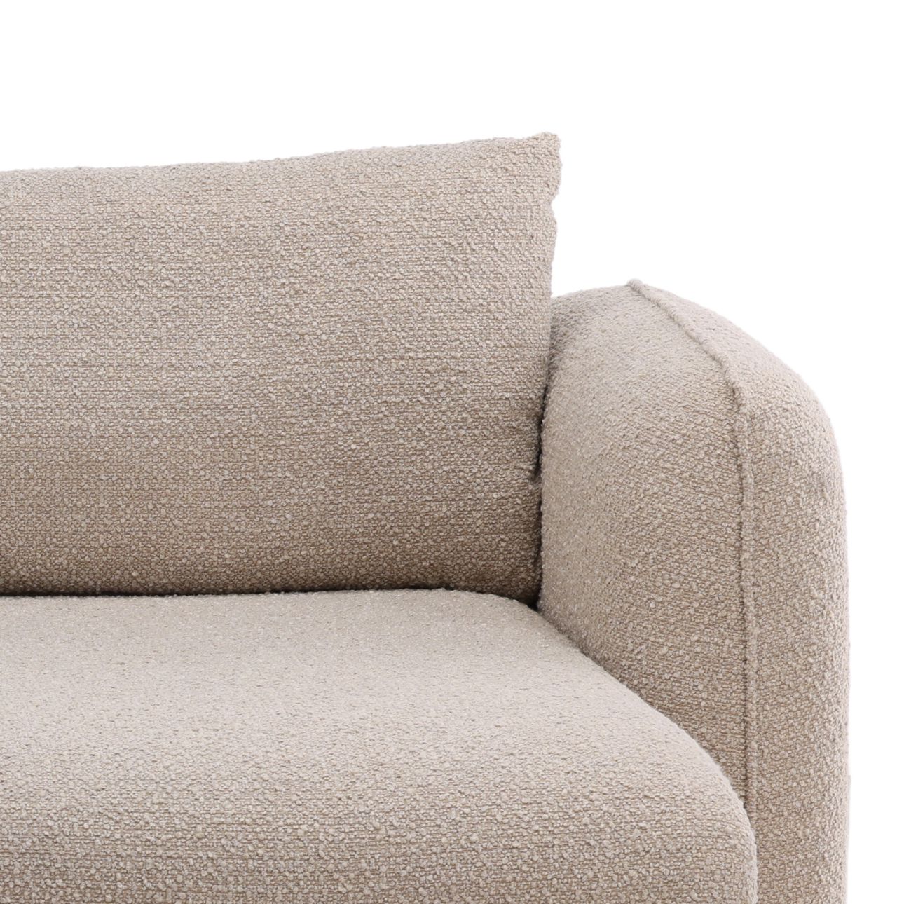 Close-up of beige boucle sectional sofa showing corner seat, back cushion, and rounded armrest texture detail