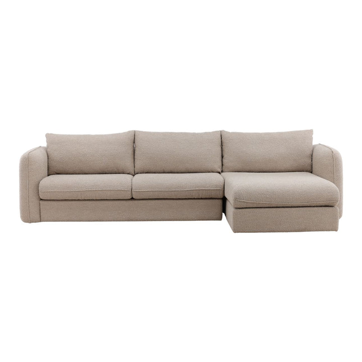 Beige upholstered sectional sofa with right chaise and three seat cushions, modern low profile design