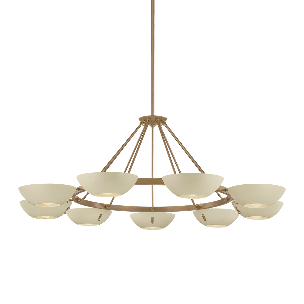 Large modern chandelier with brass frame and multiple white bowl shades in a circular design