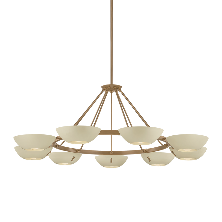 Large modern chandelier with brass frame and multiple white bowl shades in a circular design
