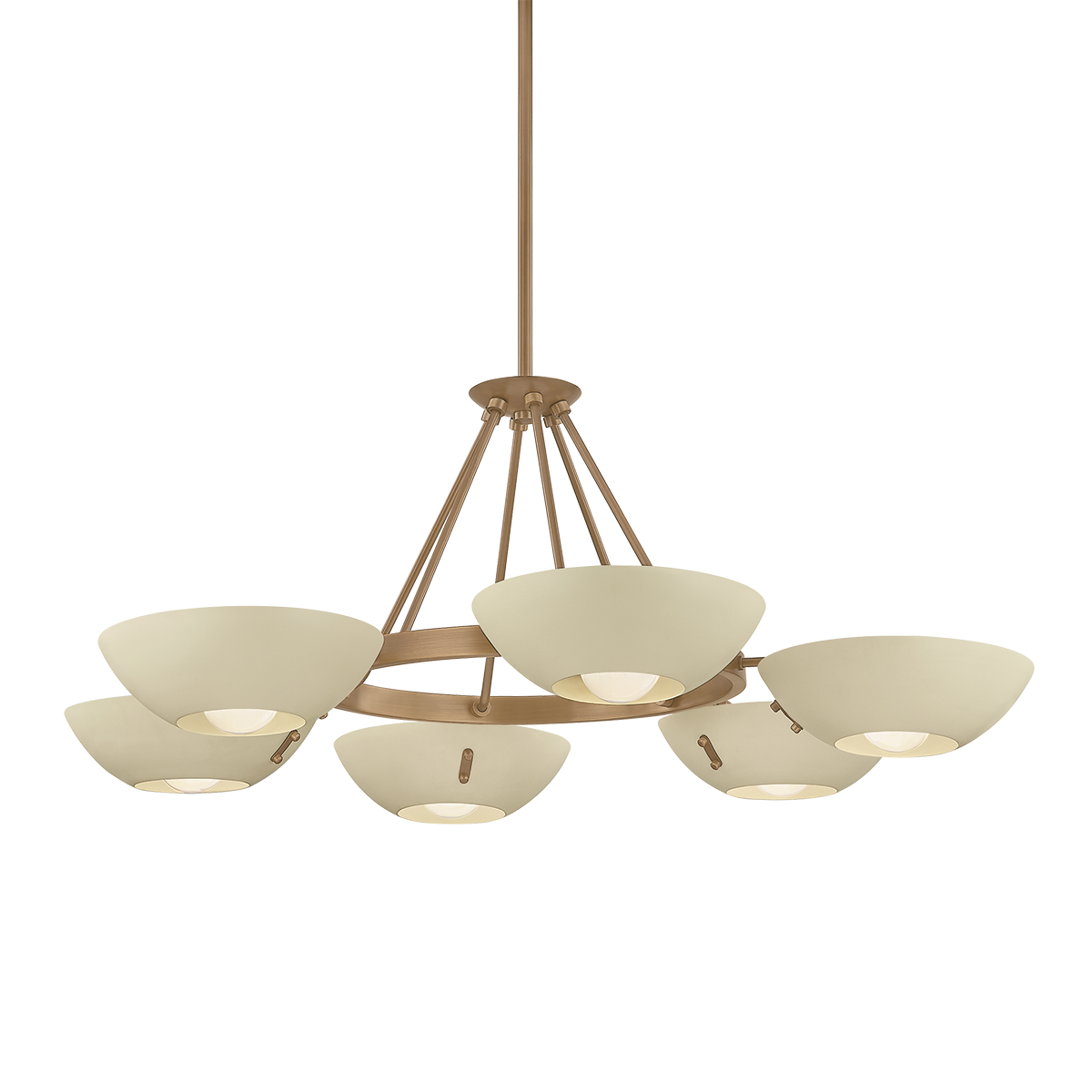 Chandelier with five lampshades on a white background