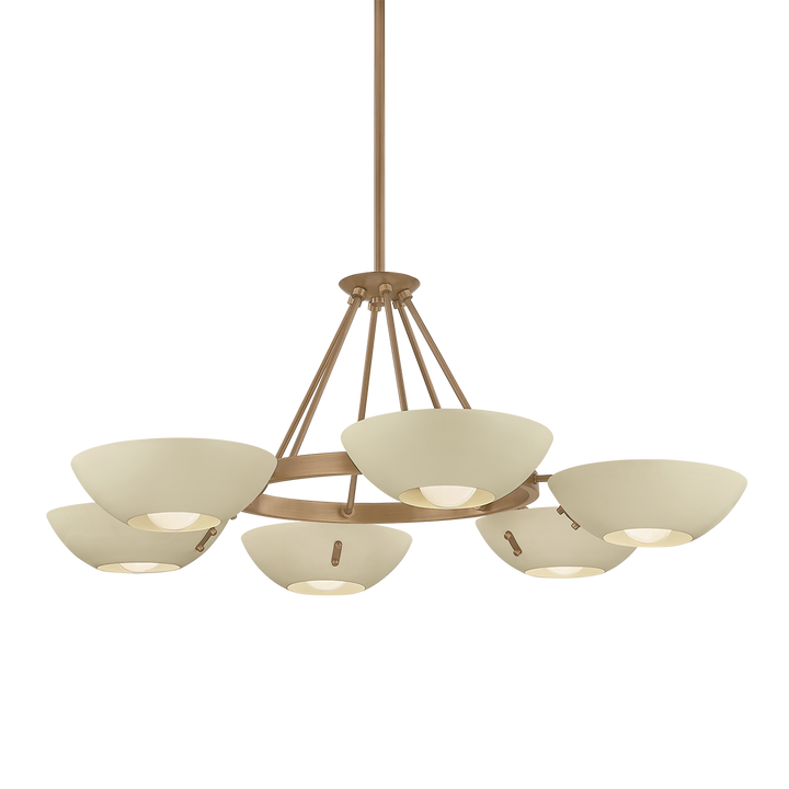 Chandelier with five lampshades on a white background