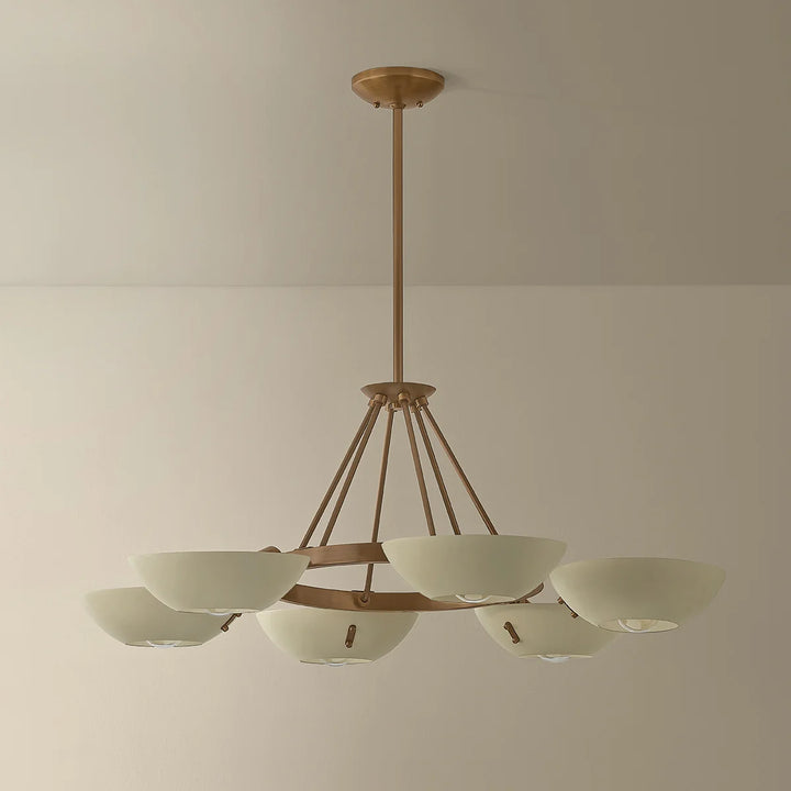 Chandelier with gold frame and white shades on a beige wall