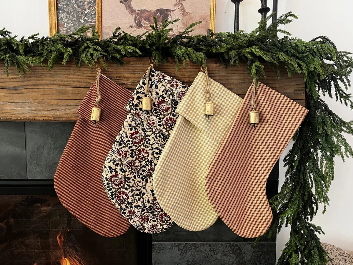 Christmas Stocking "Fold Over" Beige Check Plaid