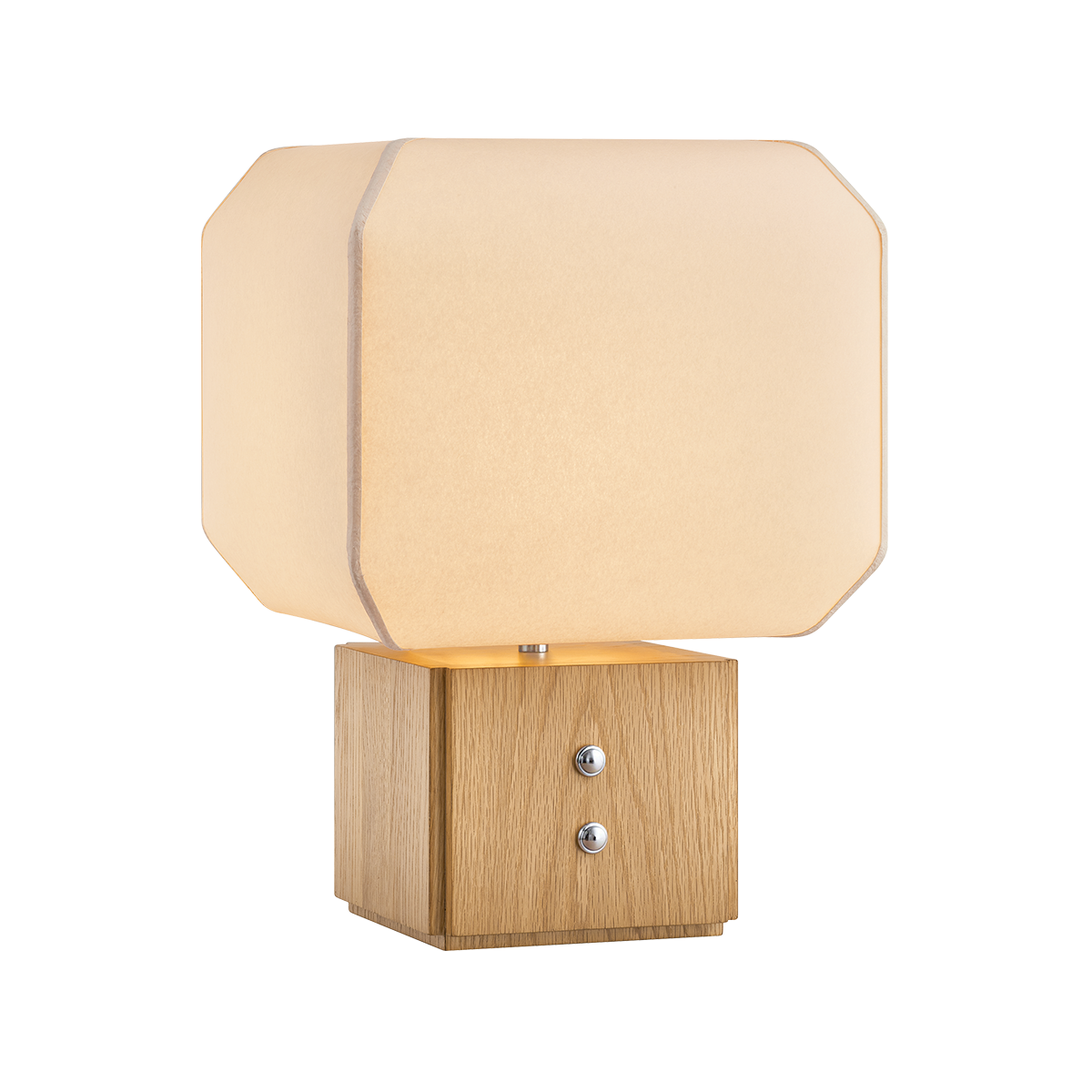 Table lamp with beige fabric shade and wooden base on a white background