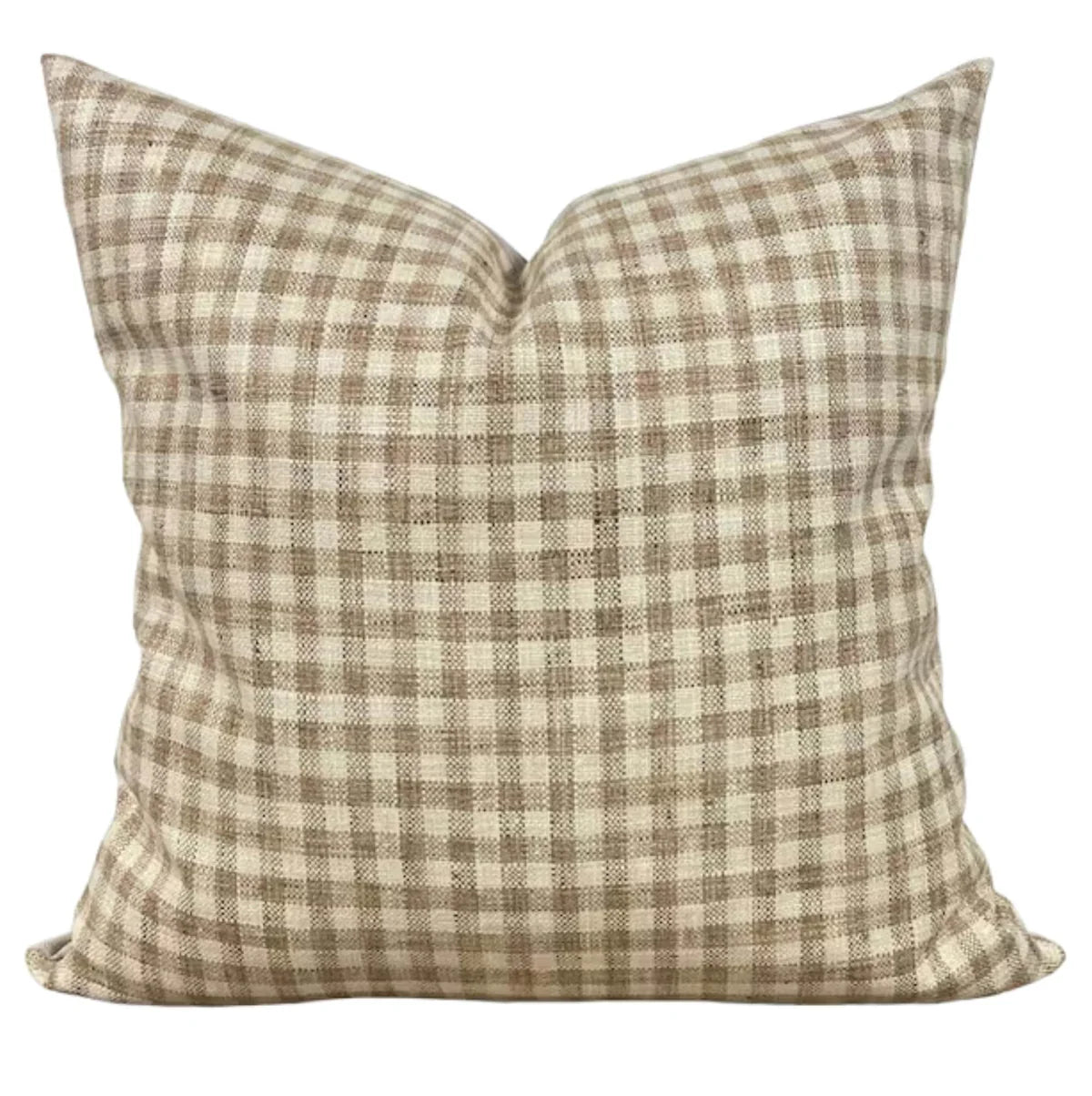 Checkered pillow with a beige and brown pattern on a white background