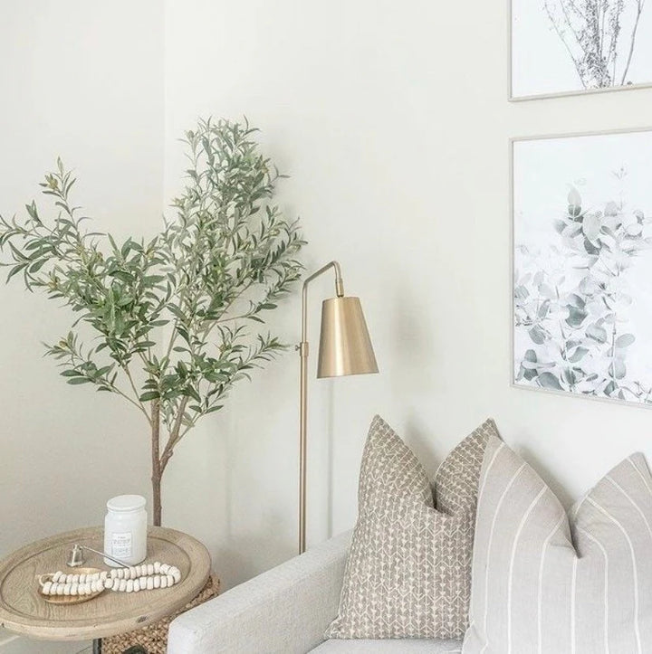 Living room with a couch, lamp, and decorative plant
