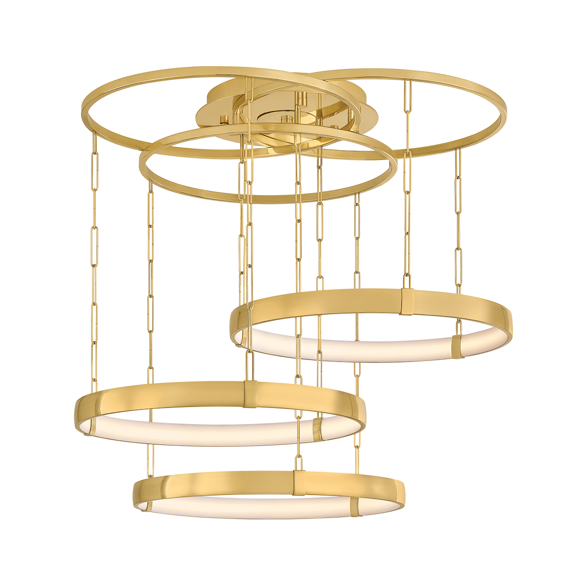 Gold ceiling light fixture with multiple circular rings on a white background