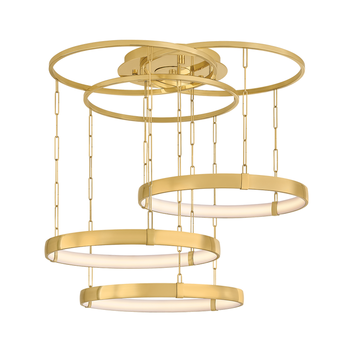 Gold ceiling light fixture with multiple circular rings on a white background
