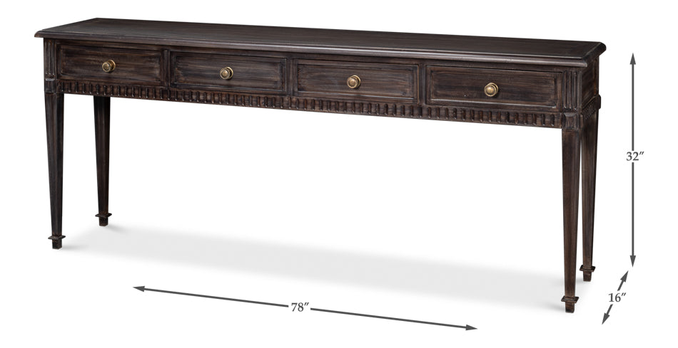 Dark wood four-drawer console table with brass knobs showing 78-inch width, 32-inch height, and 16-inch depth dimensions