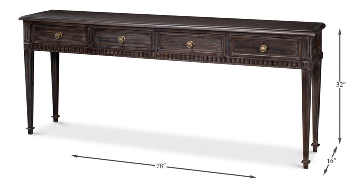 Dark wood four-drawer console table with brass knobs showing 78-inch width, 32-inch height, and 16-inch depth dimensions