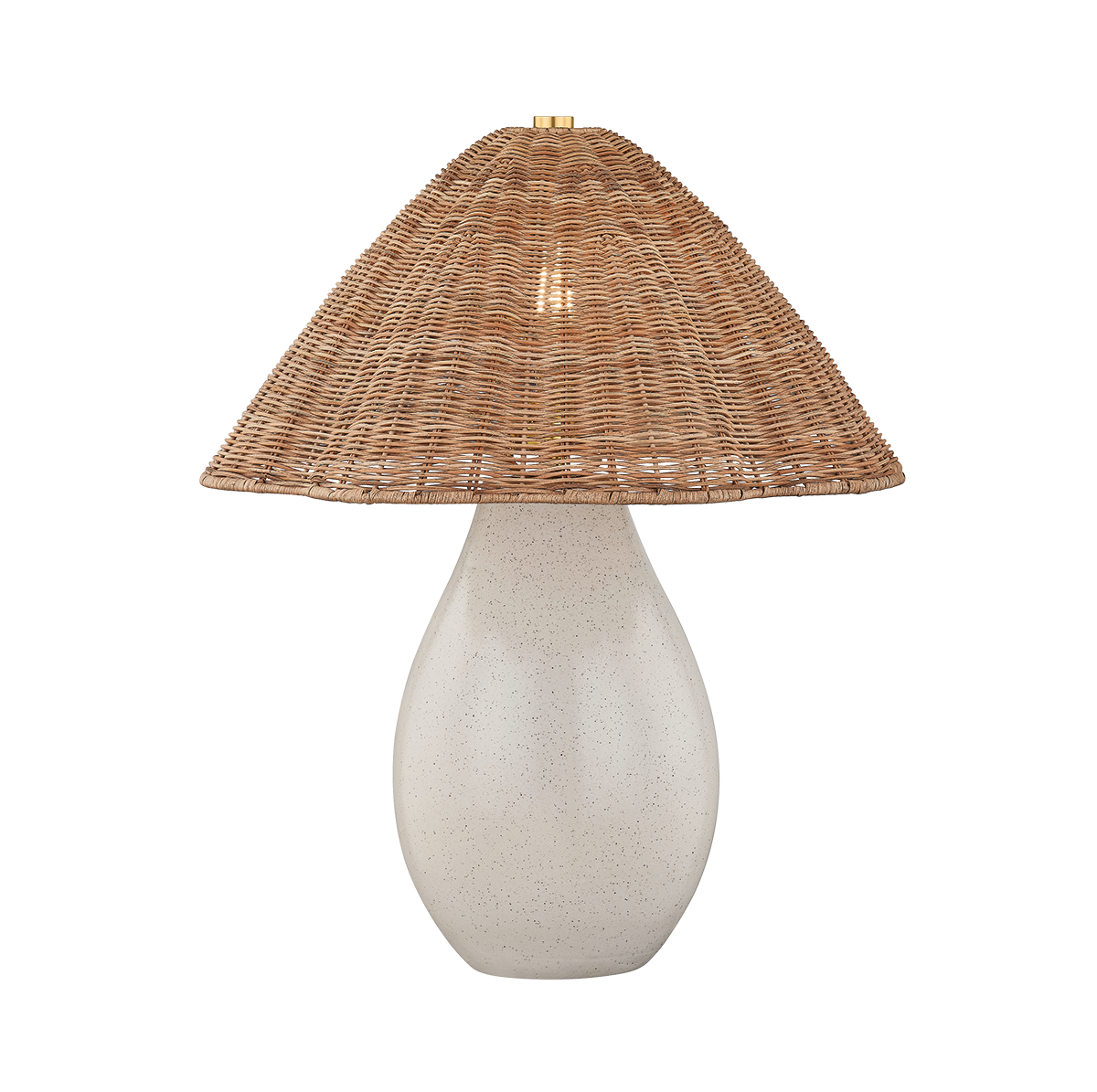 Table lamp with a textured white base and wicker shade on a white background