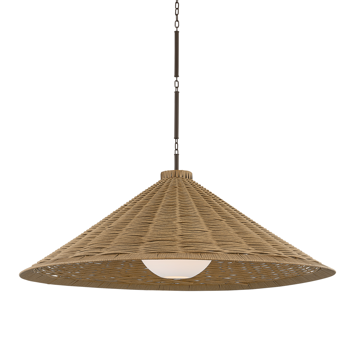Woven pendant light with a white bulb on a white background