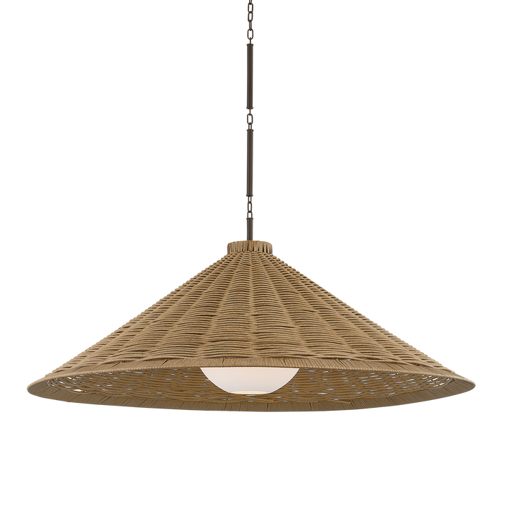 Woven pendant light with a white bulb on a white background
