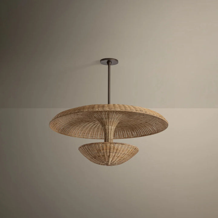Woven pendant light fixture on a neutral background