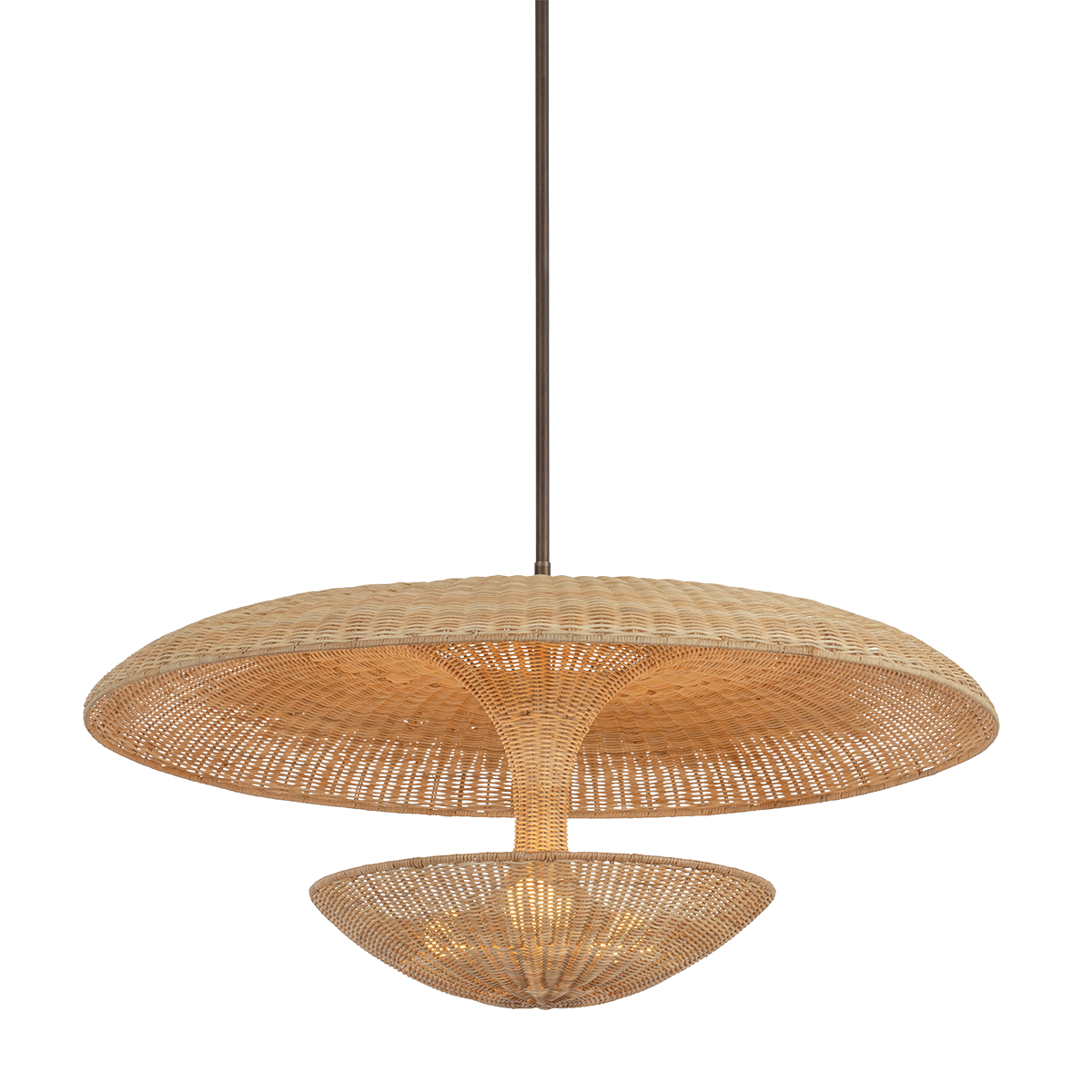 Natural woven rattan pendant light with a wide disc shade and layered basket design