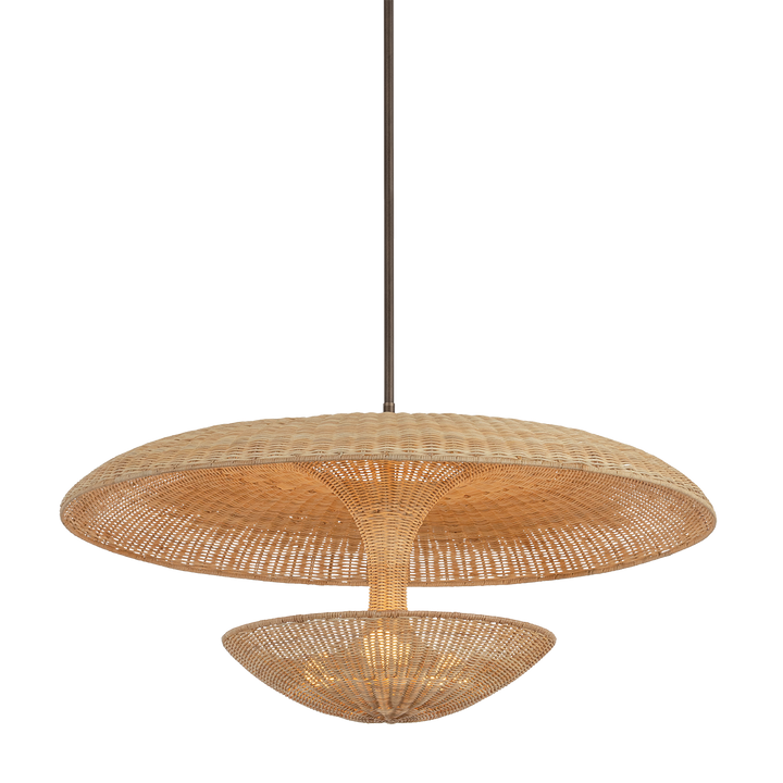 Natural woven rattan pendant light with a wide disc shade and layered basket design