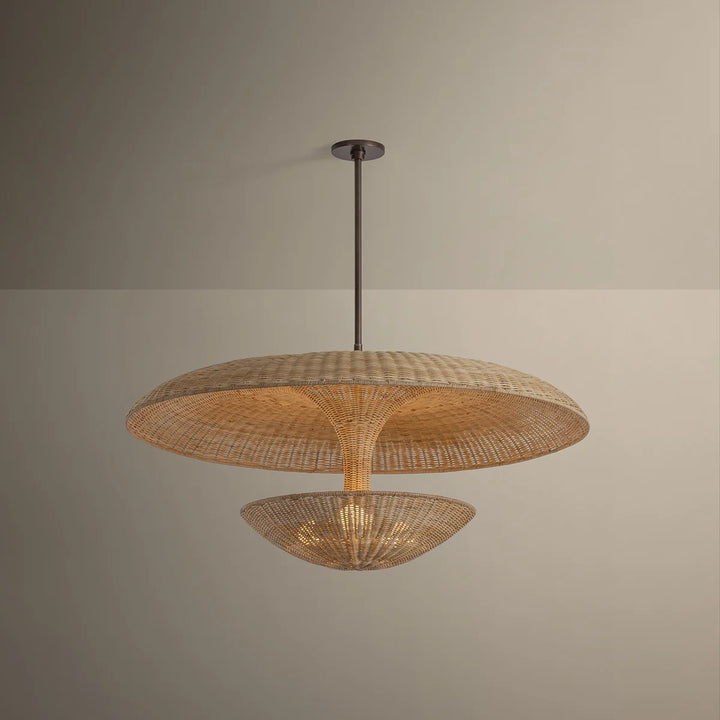 Woven pendant light fixture on a neutral background
