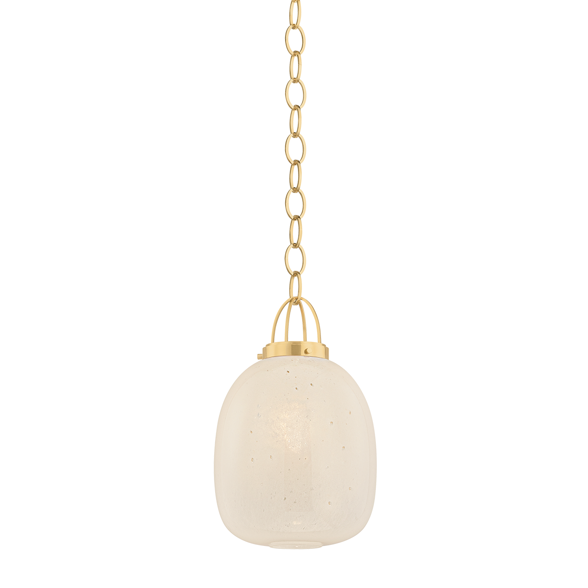 Pendant light with beige glass shade and gold chain on a white background