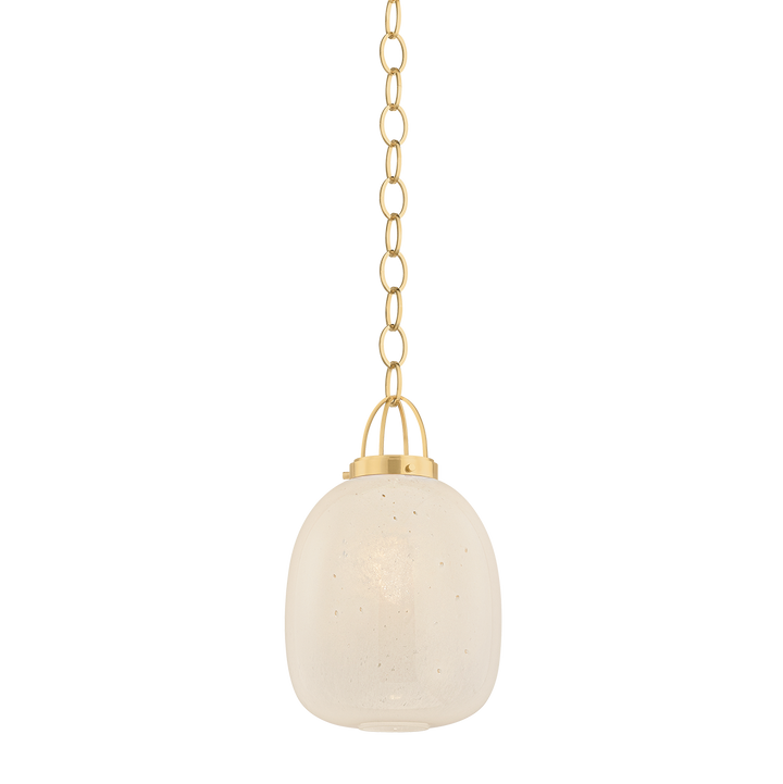 Pendant light with beige glass shade and gold chain on a white background
