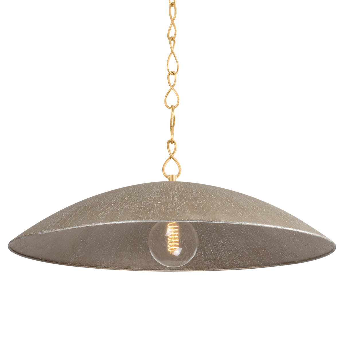 Textured metal dome pendant light with chain suspension and exposed filament bulb, isolated on transparent background
